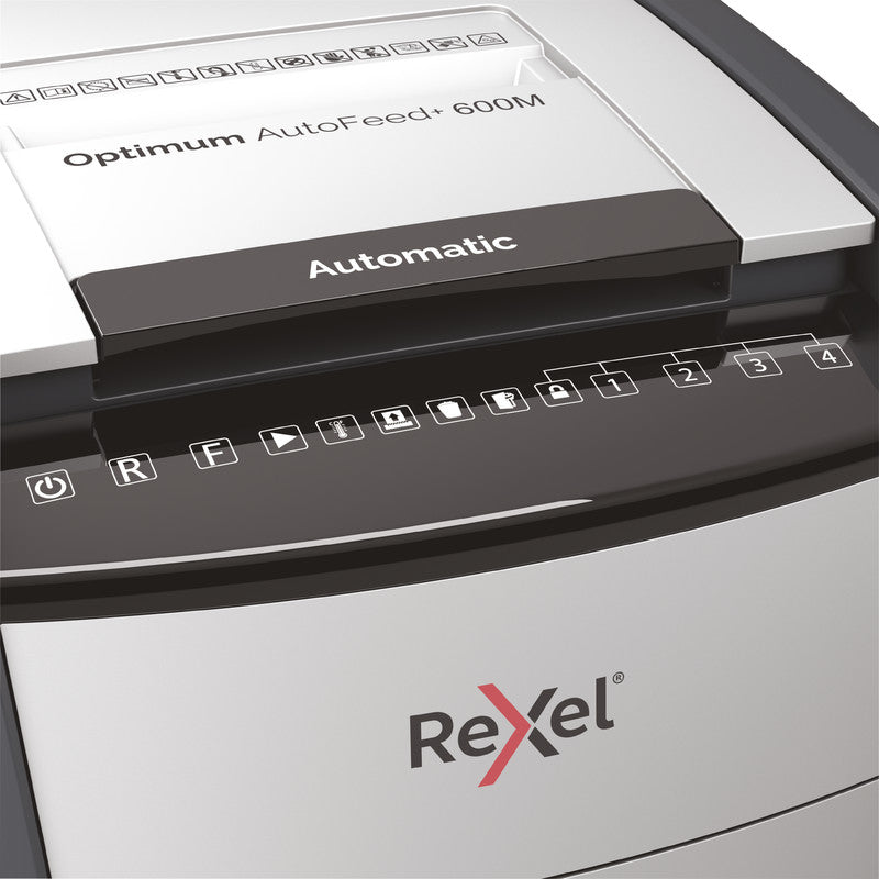 Rexel Optimum AutoFeed+ 600M – Aktenvernichter mit Autofeed 600 Blatt, DIN P-5, Mikroschnitt 2 × 15 mm, 110 l