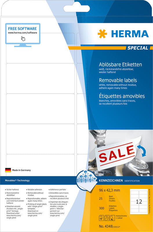 HERMA Drucketiketten, 96 mm × 42 mm, weiss, Papier, ablösbar, 25 Blätter (300 Etiketten)