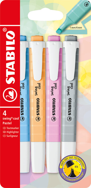STABILO swing cool Pastel Edition Textmarker – 4er Set, Farben: Minze/Rosa/Lila …, Keilspitze 1–4 mm