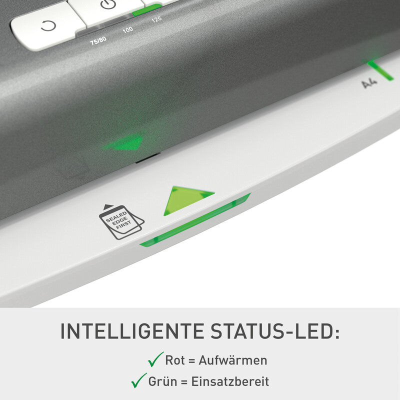 Leitz iLAM Office Laminiergerät A4 – 2-Rollen, 75–125 µm, 1 Min. Aufheizzeit, 500 mm/min, Silber