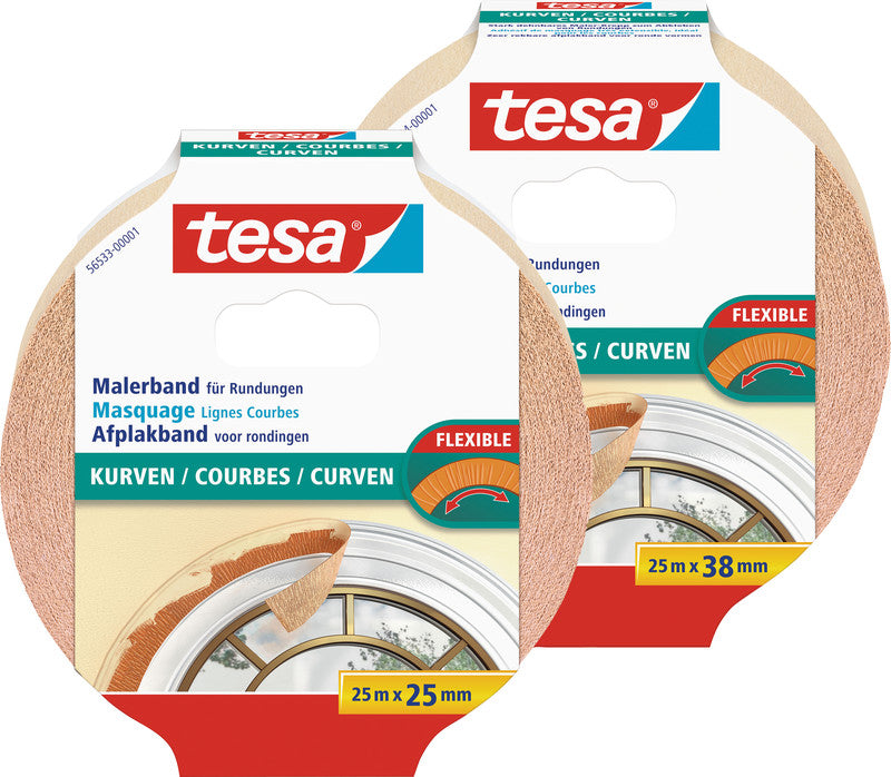 tesa Krepp-Abdeckband – 38 mm × 25 m, beige, für Innenbereich; für Kurven, rückstandsfrei bis 7 Tagen