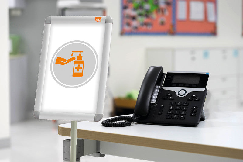 Nobo Infoständer Premium Plus – für A3 hoch/quer, silber/hellgrün, Metall, 300×300×900 mm