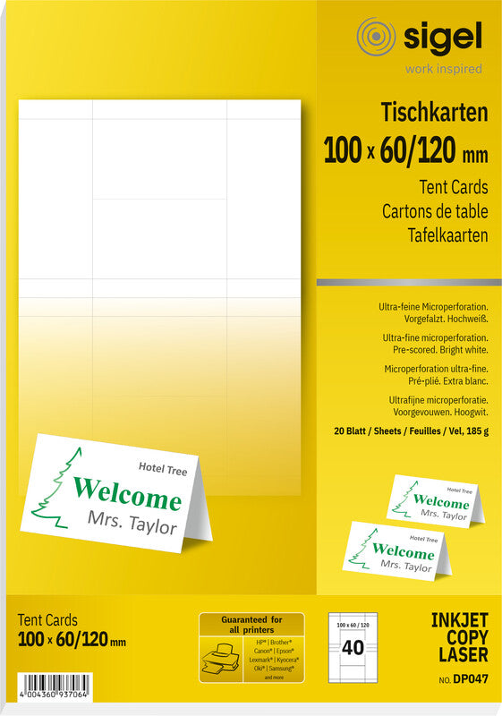 Sigel Tischkarten 100 × 120 mm, 185 g/m², weiss, Papier, vorgefalzt – für Inkjet, Laser, Kopierer – 40 Karten