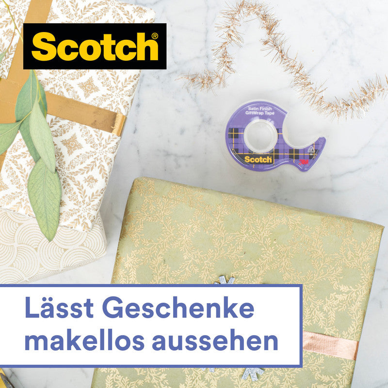 Scotch Klebeband GiftWrap – mit Abroller – permanent, satin, Kunststoff, 19 mm × 15 m, transparent