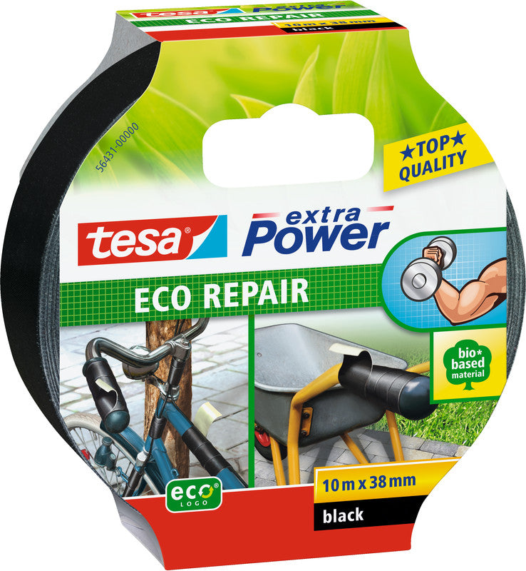 tesa Gewebeband extra Power Eco Repair – 38 mm × 10 m, schwarz, extra stark, eco:plus