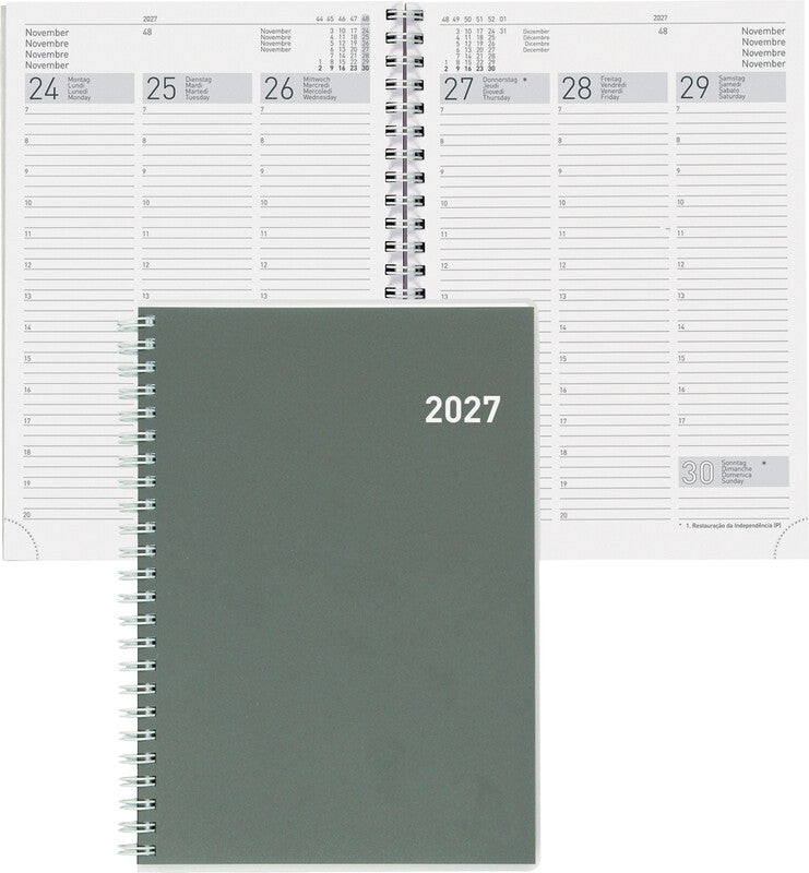 Biella Terminia Agenda – 1 Woche/2 Seiten, Spiralbindung, 14,5 × 20,5 cm, 2027, Grau, FSC