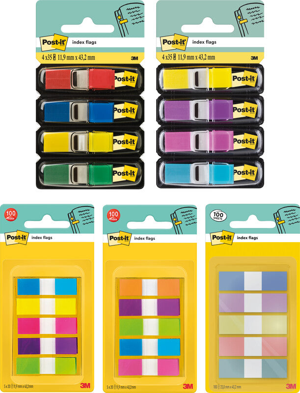 Post-it Indexstreifen – 11,9×43,2 mm – sortiert, 5×20 Stück, mit Dispenser