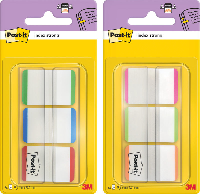 Post-it Indexstreifen Strong – 25,4×38 mm – sortiert (grün, blau, rot), 3×22 Stück, mit Dispenser