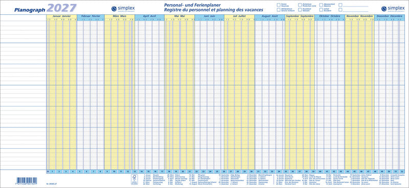 Simplex Planograph – Personal- und Ferienplaner – zweisprachig Deutsch/Französisch – 2028 – 64 × 29,7 cm – 10er-Pack