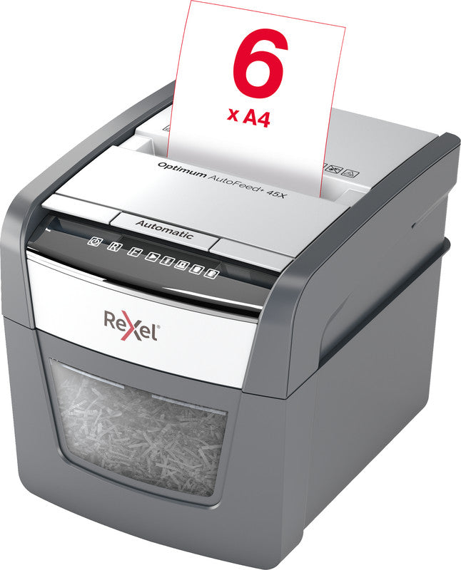 Rexel Optimum AutoFeed+ 45X – Aktenvernichter mit Autofeed 45 Blatt, DIN P-4, Partikelschnitt 4 × 28 mm, 20 l