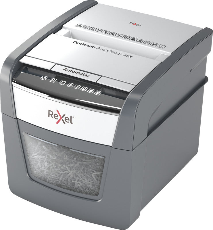 Rexel Optimum AutoFeed+ 45X – Aktenvernichter mit Autofeed 45 Blatt, DIN P-4, Partikelschnitt 4 × 28 mm, 20 l