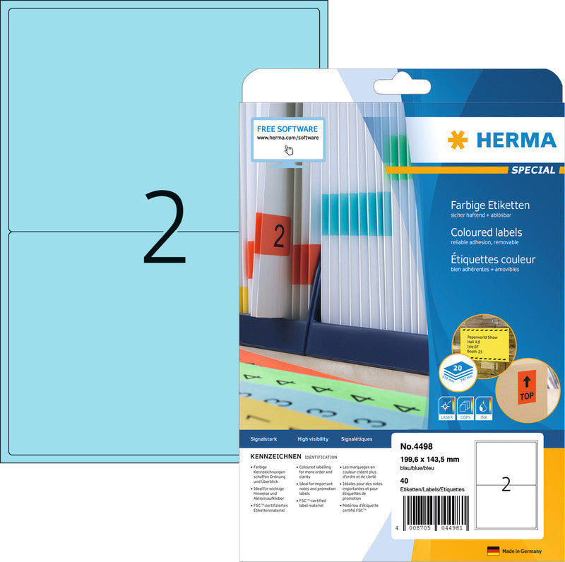 HERMA Druckeretiketten, 200 mm × 144 mm, blau, Papier, wiederablösbar, 40 Etiketten (20 Blätter)