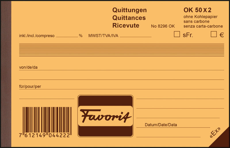 Favorit Formularblock – Quittungen, mehrsprachig, 50 Blatt, A6