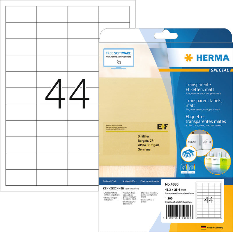HERMA Etiketten (Bogen), 48,3 mm × 25,4 mm, transparent, Folie, permanent, 1100 Etiketten (25 Blatt)