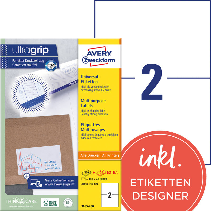 Avery Druckeretiketten, 210 mm × 148 mm, weiss, Papier, permanent, 220 Blatt (440 Etiketten)