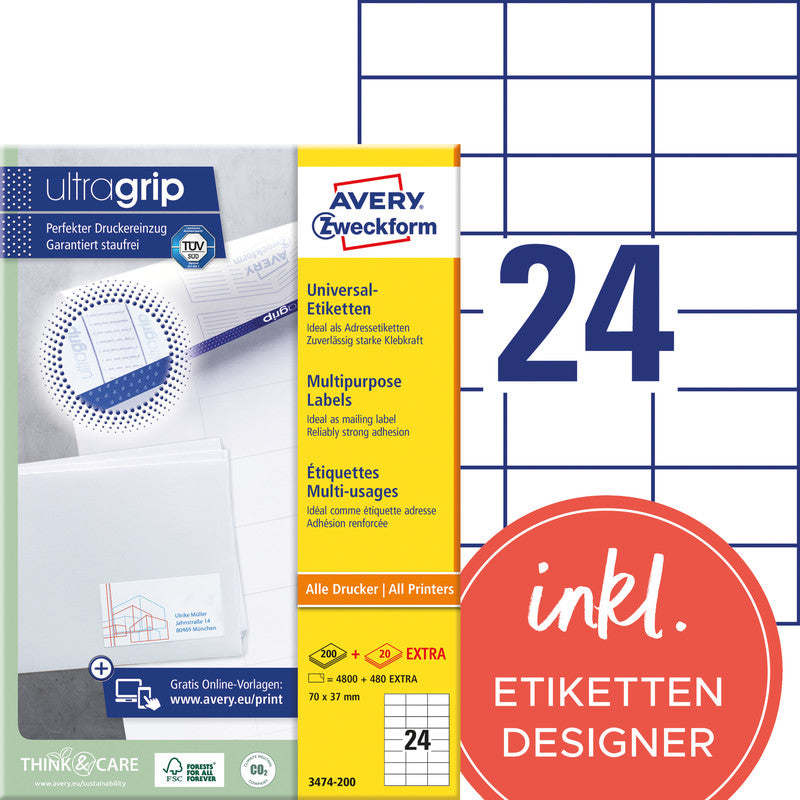 Avery Druckeretiketten, 70 mm × 37 mm, weiss, Papier, permanent, 5280 Etiketten (220 Blatt)
