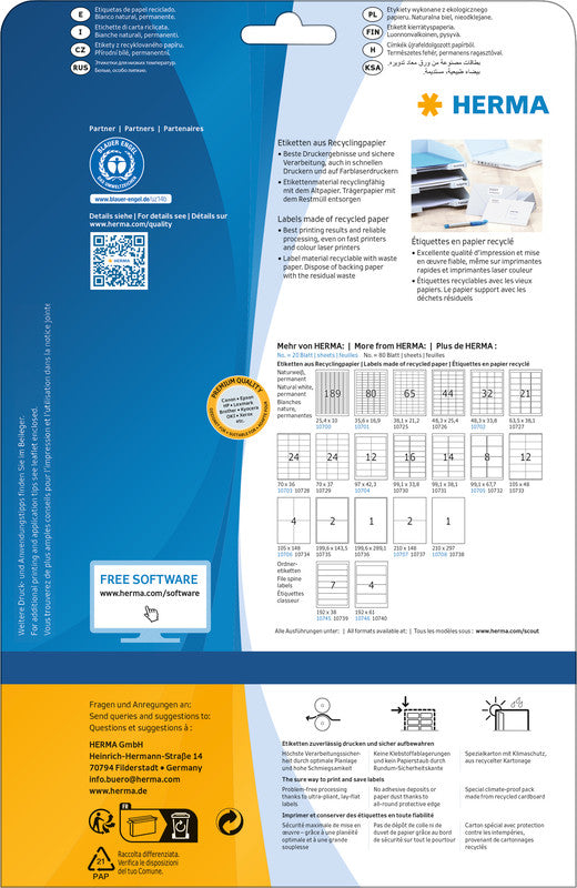 HERMA Etiketten, 70 mm × 36 mm, naturweiss, Altpapier, permanent, Packung: 20 Blatt (480 Etiketten)