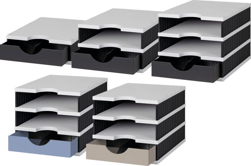 Styro Briefkorb – mit Griffausschnitt, mit Beschriftungsfeld, schwarz/grau, B 248 × H 84 × T 331 mm