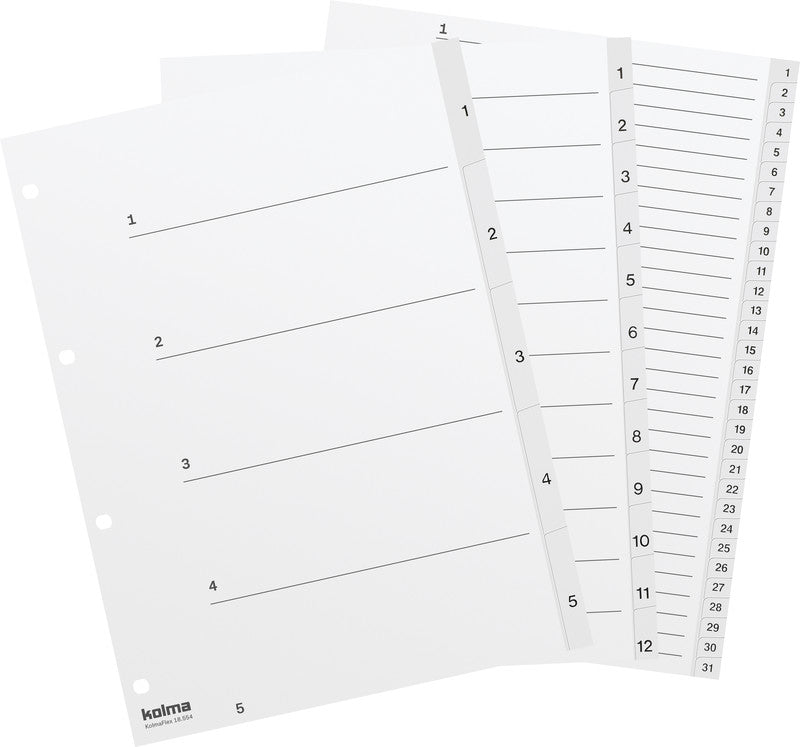 Kolma Register – A4, 12-teilig, PP, weiss, vorgedruckt, mit Indexblatt, 4-fach Lochung