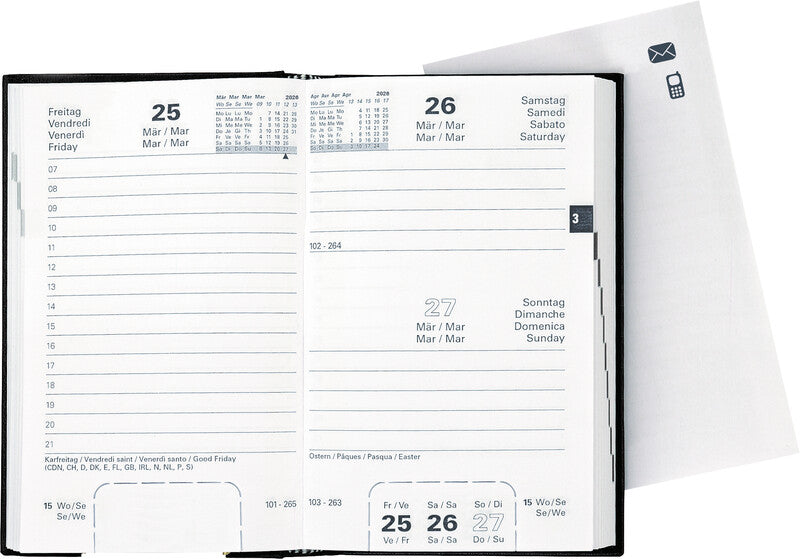 Biella Geschäftsagenda – 1 Tag pro Seite, gebunden, 10,1 × 16,0 cm, 2026, 1-Stunden-Takt, schwarz, FSC