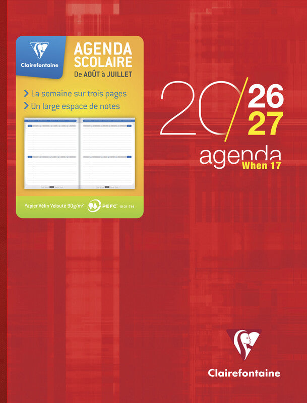 Clairefontaine When 17 Schüleragenda – 1 Woche/3 Seiten, gebunden, 17 × 22 cm, Aug–Jul, sortiert, PEFC