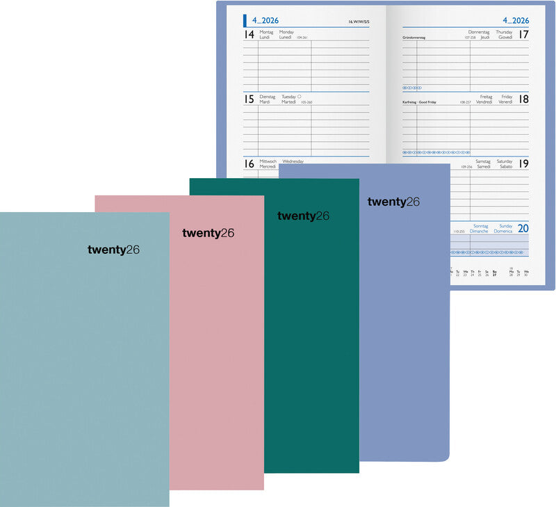 Biella Taschenagenda Colorful – 1 Woche/2 Seiten, gebunden, 8,7 × 15,3 cm, 2026, Rosa, FSC