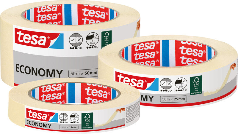 tesa Krepp-Abdeckband – 25 mm × 50 m, beige, für Innenbereich, Papier, rückstandsfrei bis 3 Tagen