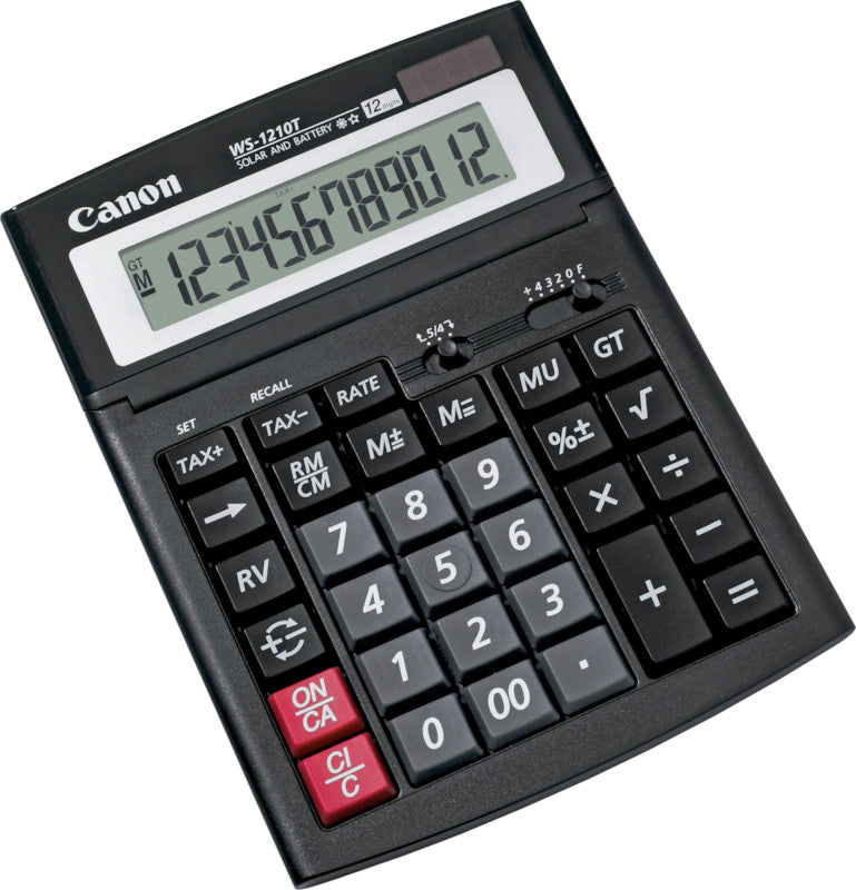Canon Tischrechner WS-1210T – 12-stellig, neigbares LCD, Steuer/Prozent, Solar + Batterie, schwarz