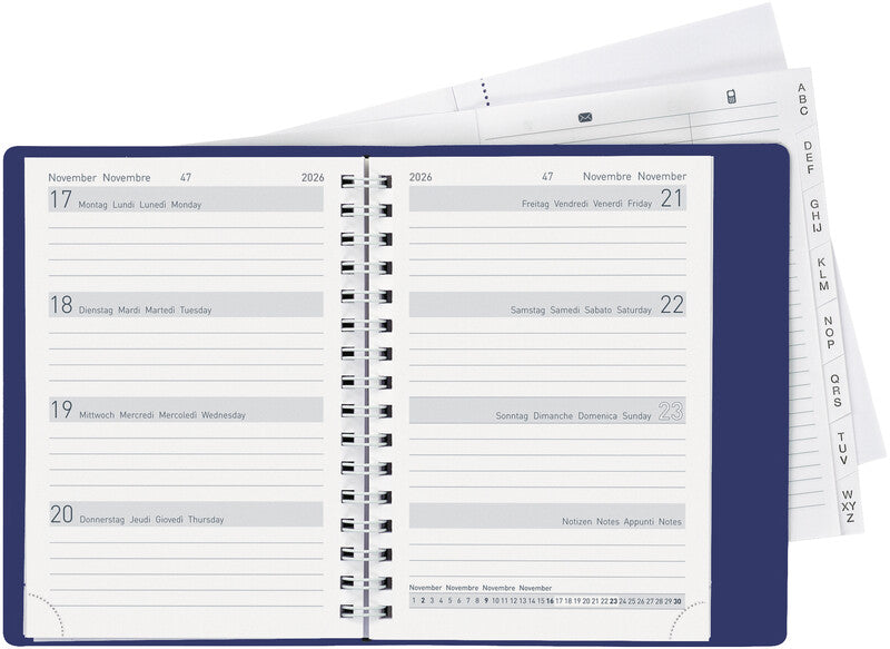 Biella Memento Agenda – 1 Woche/2 Seiten, Wire-O, 10,1 × 14,2 cm, 2026, mehrsprachig, dunkelblau, FSC