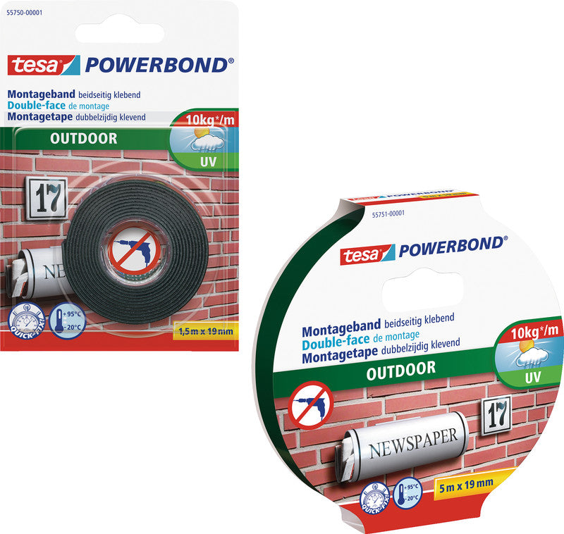 Tesa Powerbond Montageband, stark, für den Aussenbereich, für glatte Oberflächen – 19 mm × 1,5 m, weiss, bis 1 kg/10 cm
