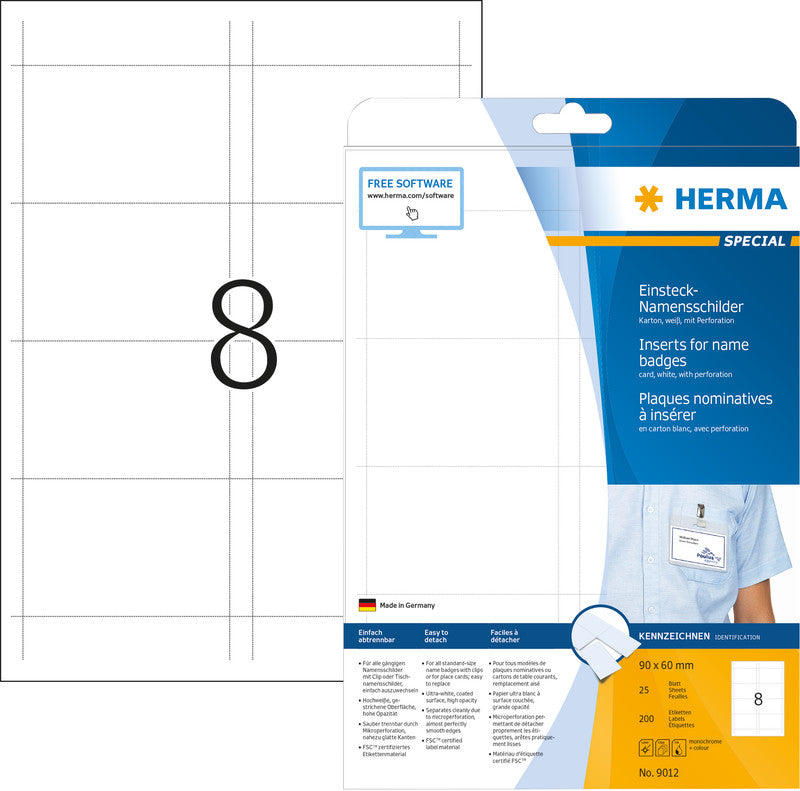 HERMA Einstecketiketten A4 (90 × 54 mm), 170 g/m², weiss, Papier – für Inkjet, Laser, Kopierer – 250 Karten