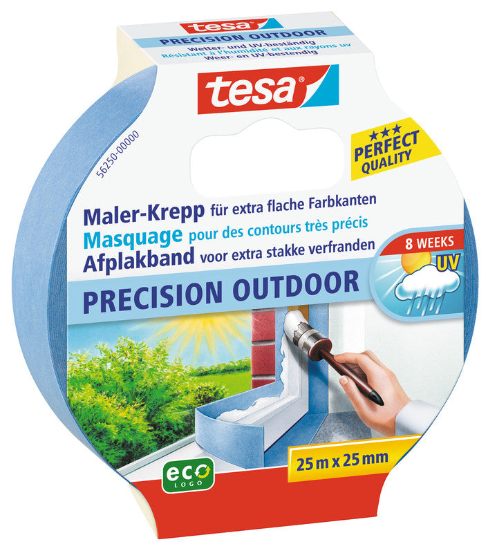 tesa Abdeckband Precision Outdoor – 38 mm × 25 m, hellblau, für Aussenbereich, glatt