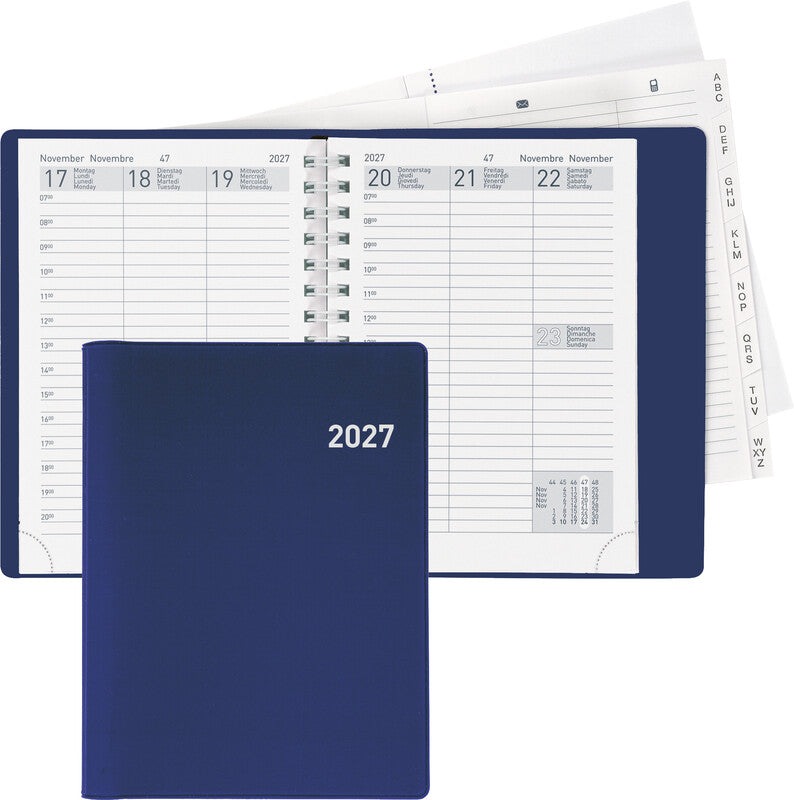 Biella Rex Agenda – 1 Woche/2 Seiten, Wire-O, 10,1 × 14,2 cm, 2027, mehrsprachig, Dunkelblau, FSC