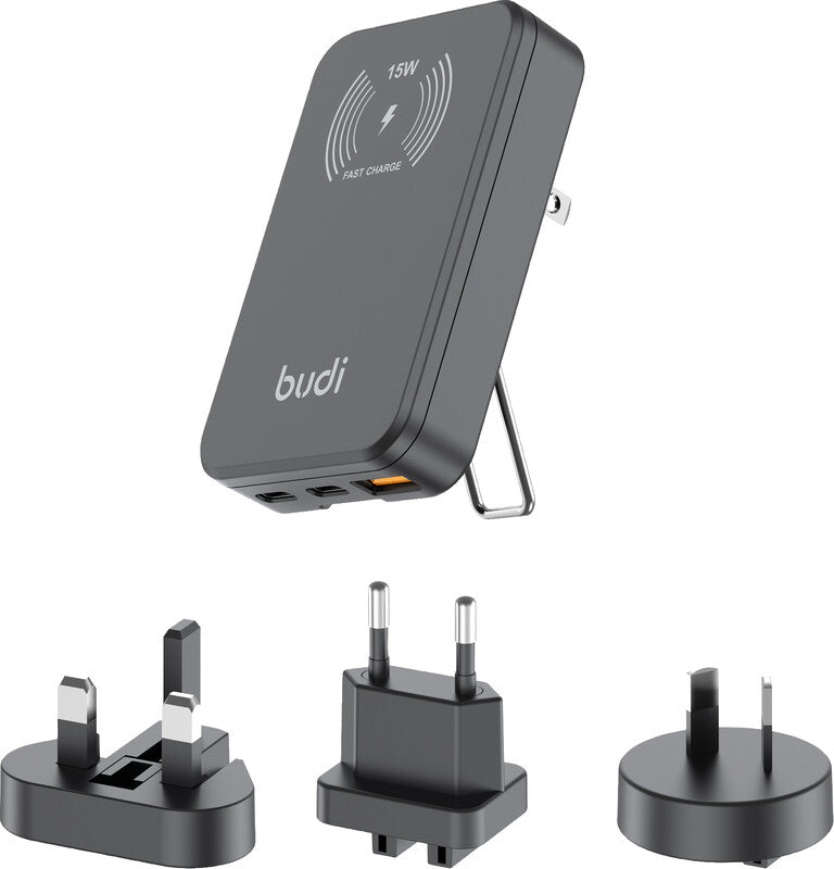 Budi USB-Ladegerät 30 W – USB-C×2, USB-A×1 – PD, QC 3.0, MagSafe 15 W – EU/UK/US/AU-Adapter – für 100–240 V