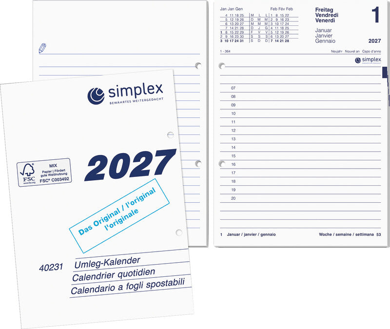 Simplex Kalender-Einlage – 1 Tag/Seite, 2-fach (70 mm), 12,5 × 17,5 cm, 2026
