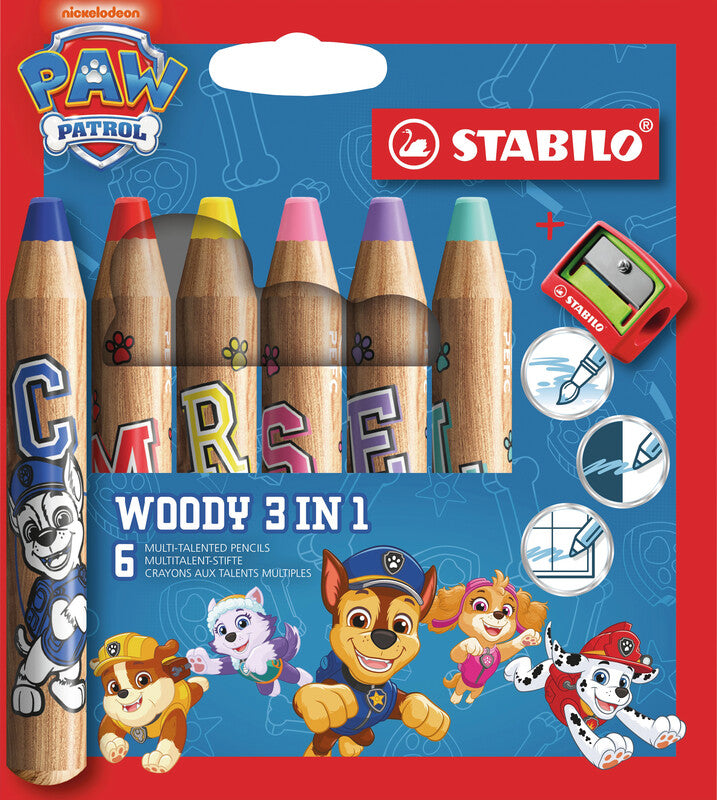 STABILO Buntstifte woody 3 in 1 – 3-in-1, Minen-Ø 10 mm, 6 Farben, im Kartonetui, mit Spitzer