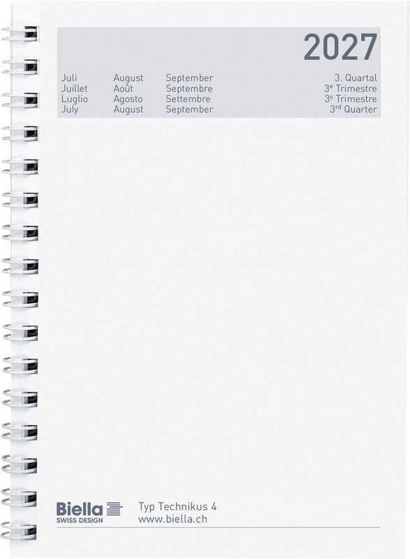 Biella Technikus 4 Agenda – 1 Tag pro Seite, Spiralbindung, 10,1 × 14,2 cm, 2026, 1-h-Takt, Schwarz, FSC