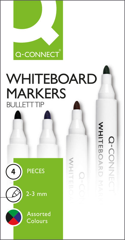 Q-CONNECT Whiteboard-Marker – Rundspitze 2 mm – Sortiert – 4er-Set – Trocken abwischbar