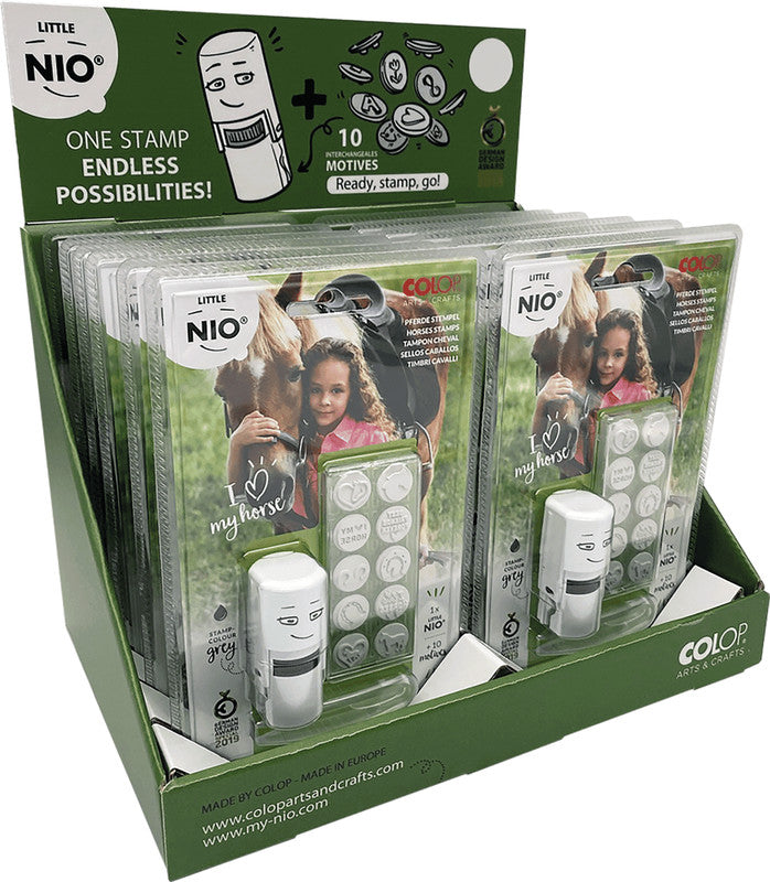 Colop Little NIO Rundstempel – Pferde, selbstfärbend, 10 Motive, Ø 17 mm, Kissen grau, Englisch