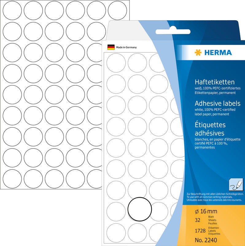 HERMA Haftetiketten – rund Ø 16 mm, stark haftend, weiss, 32 Blatt (1'728 Stk.)