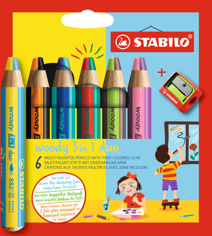 STABILO 3-in-1 Farbstifte woody – 6 Duo-Farben, mit Spitzer, Ø 4,2 mm, PEFC