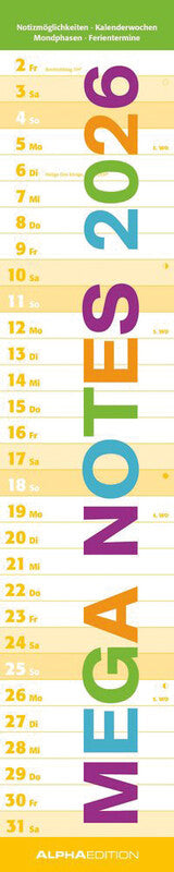 Alpha edition Wandkalender – 1 Monat pro Blatt – Deutsch – 2026 – Spiralbindung – 15 × 90 cm
