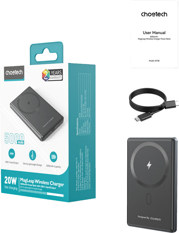 Choetech MagSafe Powerbank 5'000 mAh – 20 W PD, Wireless 15 W, 1× USB-C, schwarz