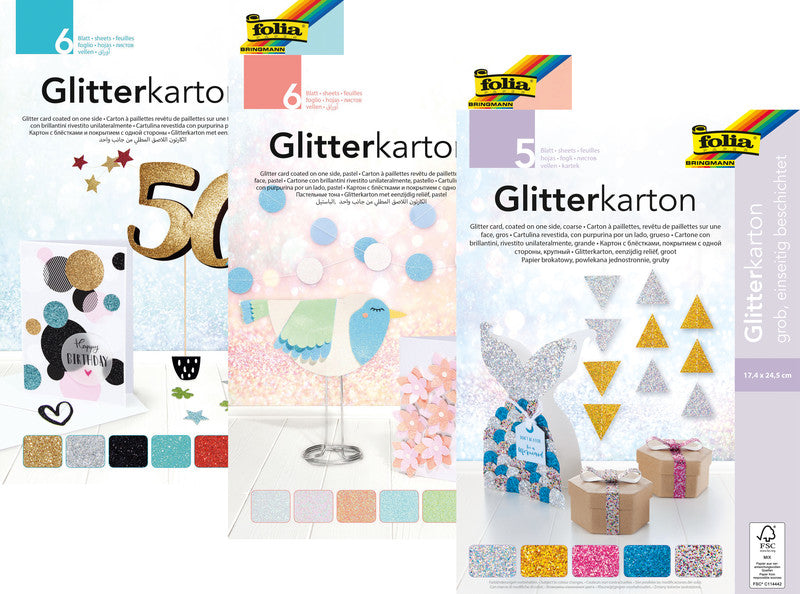Folia Glitzerkarton – 174 × 245 mm – 300 g/m² – sortiert – 6 Blätter