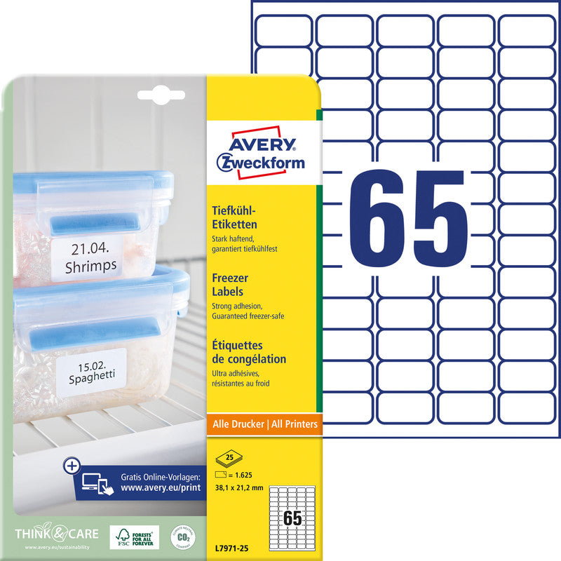 Avery Druckeretiketten, A4, 63,5 mm × 33,9 mm, weiss, Papier, permanent, 25 Blatt (600 Etiketten)