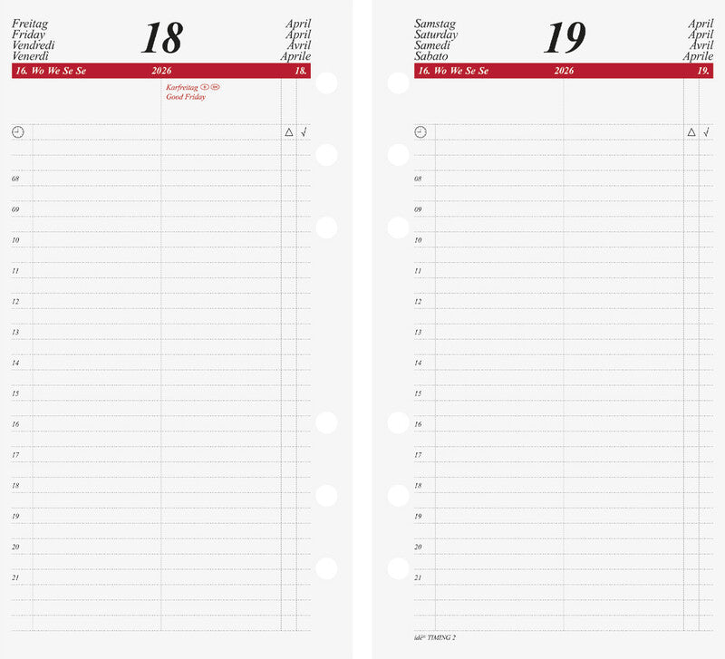 Idé Kalender-Einlage – 1 Tag/Seite, 6-fach, 9,3 × 17,2 cm, 2026