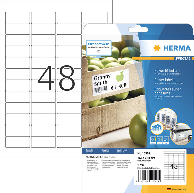 HERMA Etiketten (A4-Bogen), 46 mm × 21 mm, weiss, Papier, extra stark, 25 Blatt