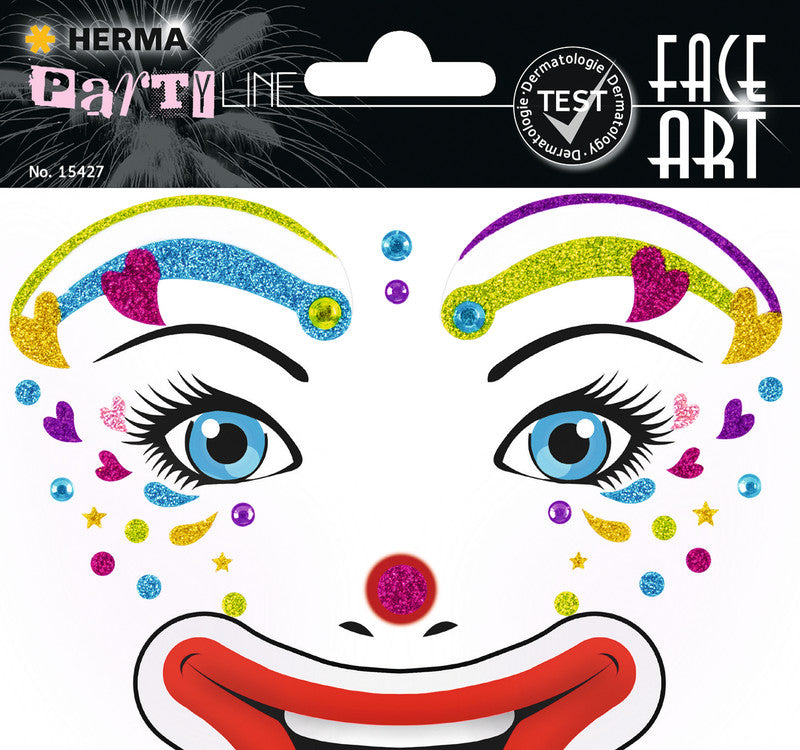 HERMA Face-Art-Sticker aus Glitterfolie, Motiv Clown Lotta, 127 × 91 mm, 33 Stück, wiederablösbar