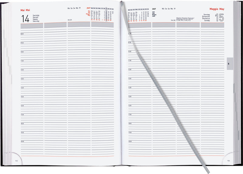 Biella Quattro Agenda – 1 Tag pro Seite, gebunden, A4, 2026, 1-Stunden-Takt, mehrsprachig, schwarz, FSC