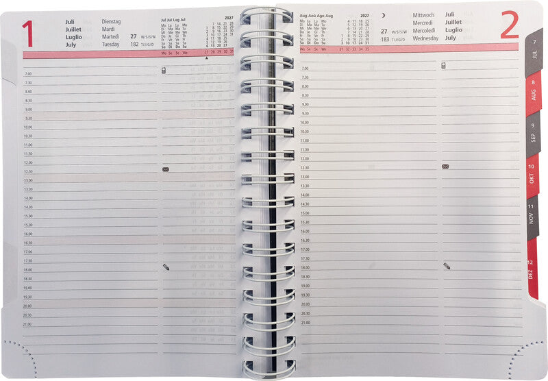 Biella Registra plus Agenda – 1 Tag pro Seite, Wire-O, 14,5 × 20,5 cm, 2026, 1/2-Stunden-Takt, Grau, FSC